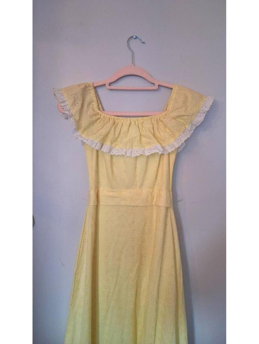 70s Vintage Yellow Ruffled Dress, Maxi Bridesmaid Prom Gown Size S Princess - Picture 3 of 9